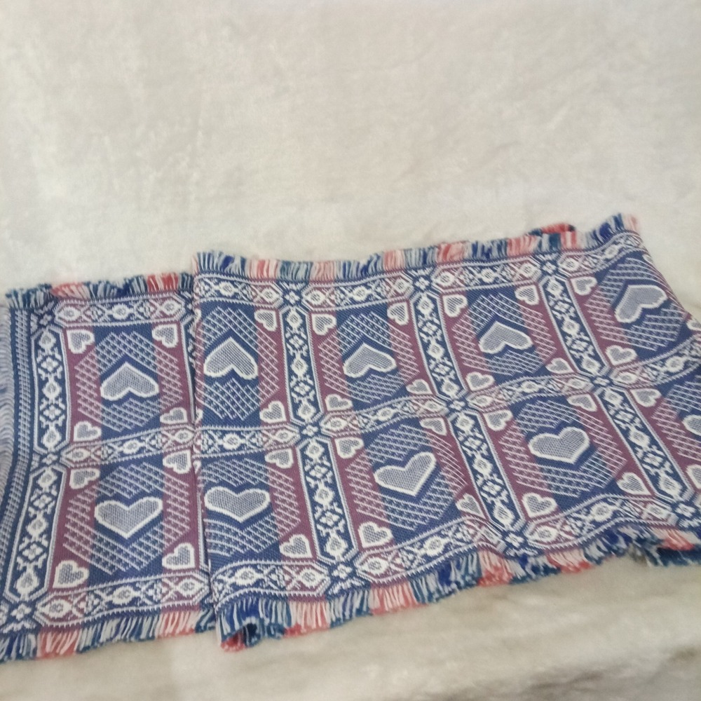 Woven Heart Table Runner Pink Blue Fringed Farmhouse Decor 70x15 Cottagecore